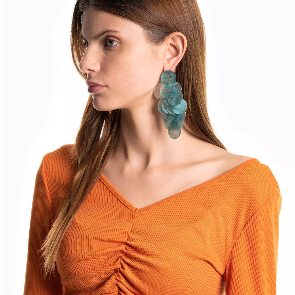 Pink Linen Long Drop Earrings Natural Shells